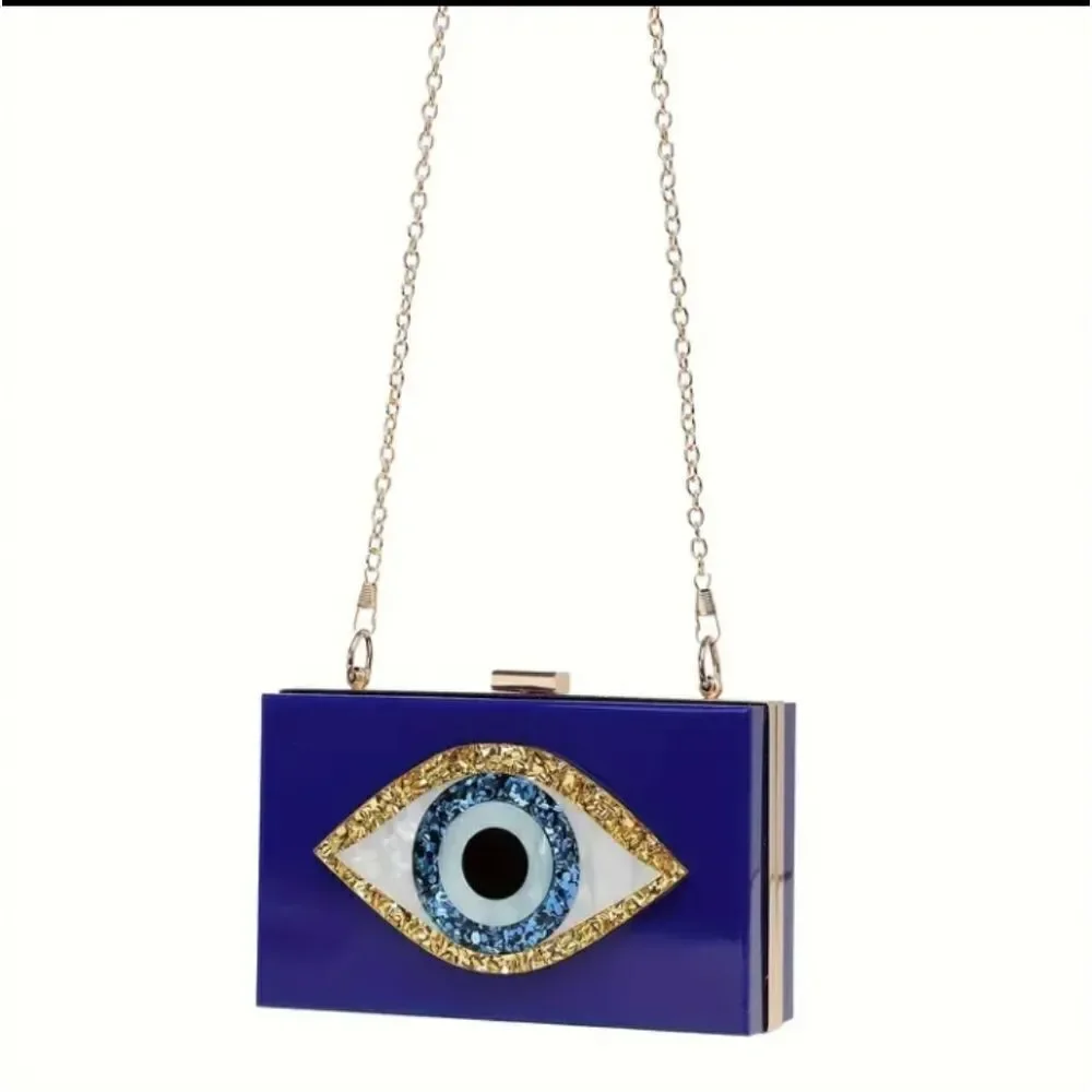 Blue Evil Eye Hard Shell Clutch Bag Chain